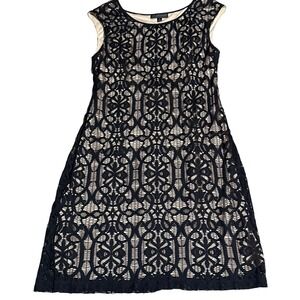 Connected Apparel Womens Black Lace Overlay Nude Lining Sheath Dress Size 14